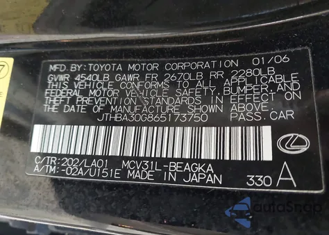 2006 Lexus Es 330 from USA, damaged, VIN JTHBA30G865173750